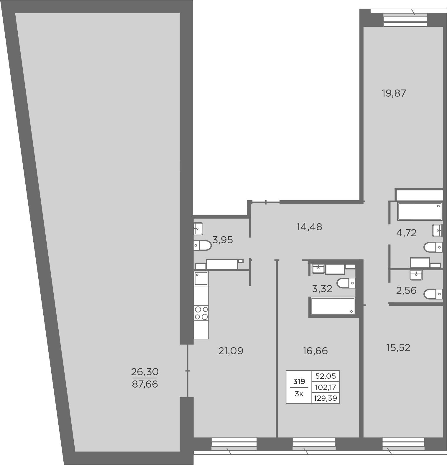 3-комнатная квартира 129.39 м², 8/8 эт., ЖК «Северная Корона»
